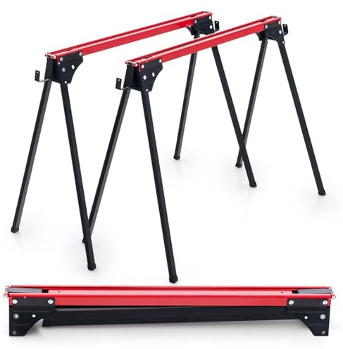 TANGZON 1000KG Folding Saw Horses Twin Pack, 2PCS Heavy Duty Workbench Metal Trestle Stands with 2 x 4 Support Arms, Portable Sawhorses Pair(Black+Red,97 x 47 x 76 cm)
