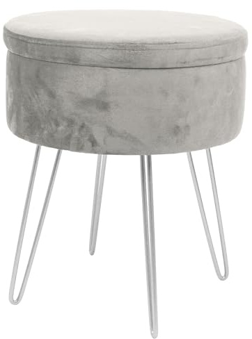 Harbour Housewares Velvet Round Foot Stool with Storage - Grey with Silver Legs - Modern Dressing Table Pouffe Footstool Vanity Seats Vanity Chairs Footstools for Living Room, Bedroom