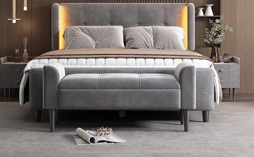 MSMOK Bancos tapizados con reposabrazos, reposacabezas, cama, taburetes, cama para dormitorio, bancos de piano, comedor con estampado acolchado, terciopelo, tablero DM, gris