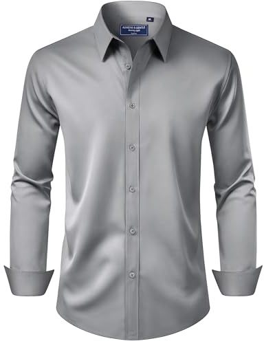 Alimens & Gentle Long Sleeve Dress Shirts for Men Regular Fit Stretch Stain Shield Solid Business Casual Grey Button Up Shirt,Grey,XX-Large