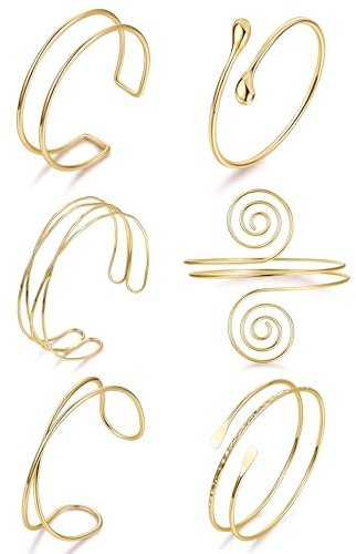 Vegolita 6Pcs Boho Coil Arm Cuff Bangle Set - Adjustable Arm Bracelet for Women