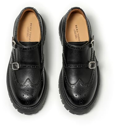 BEAU TODAY Chunky Loafers for Women, Women’s Leather Platform Loafers, Lug Sole Tassel Slip On Loafers Shoes Brogues Wingtip Casual Business Shoes Comfortable Dressy Black US 7