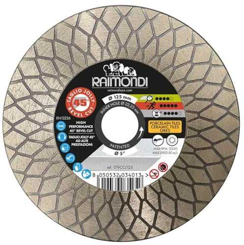 RAIMONDI Disco Diamantato Diametro 125 MM Taglio Jolly 45° F22,2 MM Smussatura Marmo Gres Porcellanato Vetro Granito