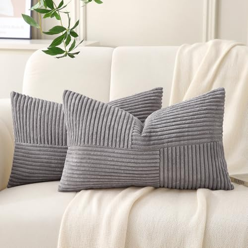 Yosodeko Pack of 2 Lumbar Throw Pillow Covers,Soft Corduroy Cushion Covers with Patchwork Textured,Farmhouse Home Decor,Boho Decorative Rectangle Cushion Case for Couch Sofa (Gray,12x20 inch)