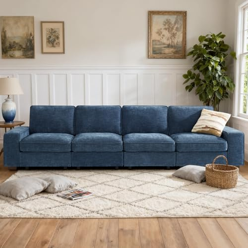 DUANDUAN Sofá modular de 324 cm con gran espacio de almacenamiento, moderno y cómodo sofá de chenilla de 4 plazas para salón, oficina, apartamento, reposabrazos anchos, bolsillos laterales, puerto USB