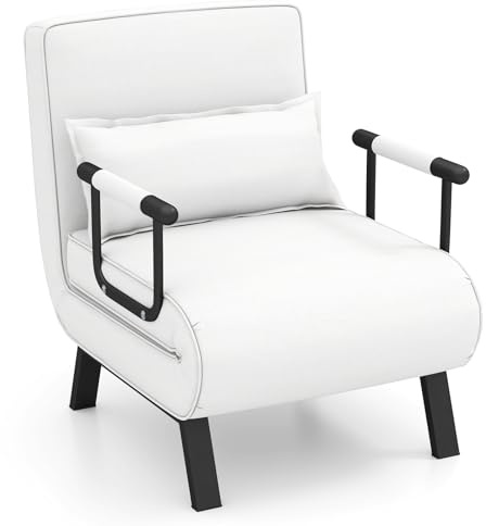 COSTWAY 4-i-1 Sovstol, hopfällbar bäddsoffa med 5 lägen, justerbart ryggstöd, avtagbar kudde och vadderad sits, soffa med metallram, 150 kg lastkapacitet (vit)
