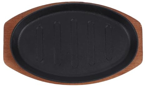 TOYANDONA Padella per Bistecca in Ghisa 10 Pollici con Base in Legno Piastra Antiaderente per Barbecue Domestico e Ristoranti Pentola da Cucina Versatile per Grigliare Carne e Pesce