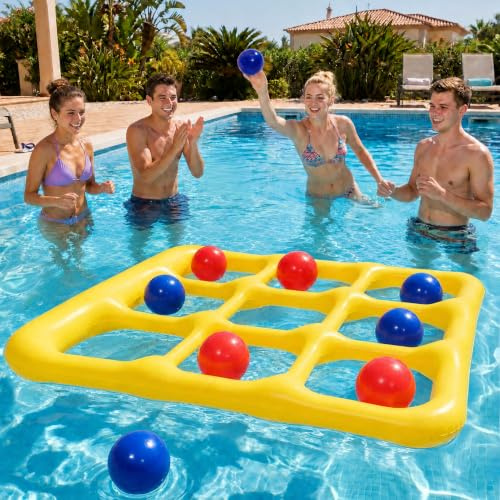 CYFIE Pool leksak Tic Tac Toe, uppblåsbar 3 x 3 nät vattenleksak med 10 bollar och 2 pumpar, vattenleksaker vuxna, pooltillbehör kul för pool, strand och trädgård, vattentät kastleksak