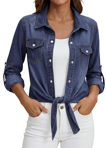 Dam slips fåll denimskjorta, knappar ner jeansblus, lätt jeansjacka | Justerbar ärm denim topp, beskuren Chambray skjorta för vardagliga arbetskläder