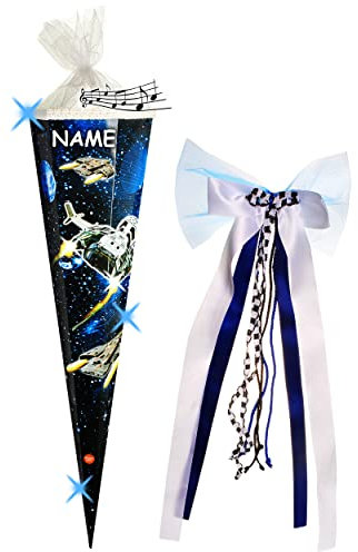 alles-meine.de GmbH mit LED Licht & Sound Effekt Modul ! Schultüte - Raumschiff - Weltraum & Weltall - 85 cm - eckig - incl. Name und große 3-D Effekt Schleife - Tüll A..
