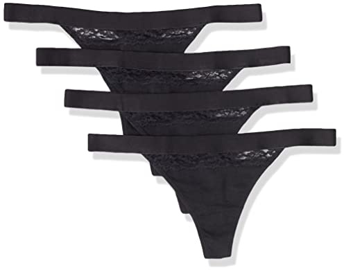 Amazon Essentials Intimo Perizoma in Cotone e Pizzo Donna, Pacco da 4, Nero, 42