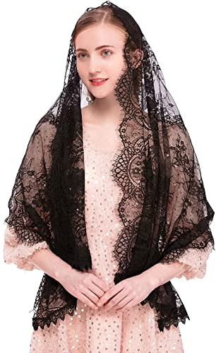 runrayay Écharpe en Dentelle Noire, Foulard de Tête Voile de Chapelle Rectangulaire Spanis Floral Veils Wrap Shawl Mass Head Covering