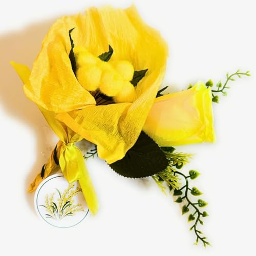NARAMAKI Idee Regalo Festa della Donna 2025 - Mazzetto di Mimose Artificiali + Rosa Artificiale Gialla| Confezione Regalo - Mini Bouquet 8 Marzo | Festa della Donna Gadget Mimosa