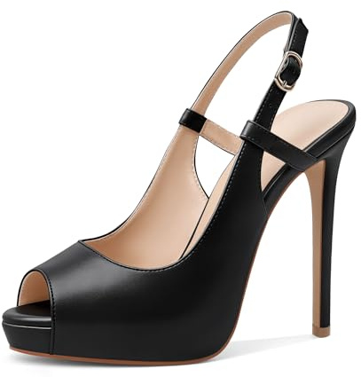 Joseywade Women's Peep Toe Slingback Platform High Heel Pumps Slim Stiletto Sky High Heel Party Wedding Dress Shoes Matte Black US Size 7.5