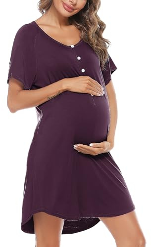 Uniexcosm Chemise de Nuit Femme Été Robe de Nuit Femme Coton Chemise de Nuit Allaitement Maternité Manches Courtes Col en V avec Bouton Devant Ouvert S Violet Foncé