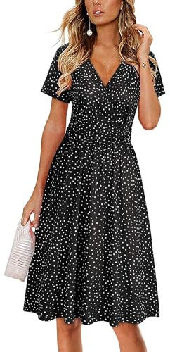 CLOUSPO Femme Robe d’été à Manche Courte avec Poche en Col V Mi-Longue Plissé Chic Élégant Imprimé Décontracté de Plage Noir/Pois L