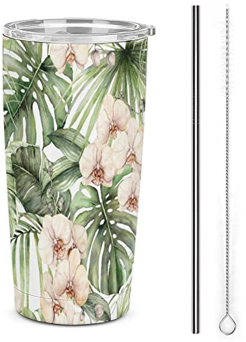 Wasserfarbener, isolierter Becher mit Deckel und Strohhalmbürsten, doppelwandiger Reise-Kaffeebecher mit Dschungelpalmenblatt-Orchidee, 590 ml