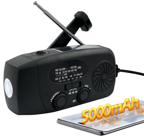 Radio d'urgence à manivelle avec lampe de poche LED pour urgence, radio météo portable AM/FM NOAA avec chargeur de téléphone 5000 mAh, charge USB et énergie solaire pour camping, urgence (noir)