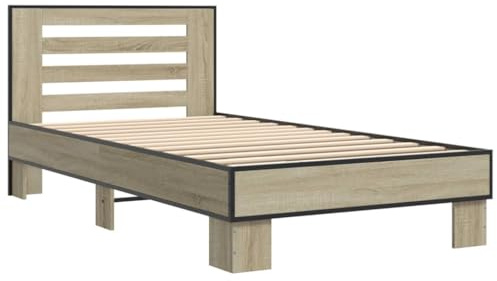 vidaXL Cadre de Lit Chêne Sonoma 90x190 cm en Bois d'Ingénierie et Métal, Lit d'Invité Simple, Meuble de Chambre à Coucher avec Sommier