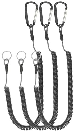 PATIKIL 6,5 ft Printemps Pêche Lanière, 3 Paquet Rétractable Enroulé Attache Spirale Bobine Porte-clés Cordon avec Métal Agrafe & Divise Anneau pour Pinces Bateaux Mouche Pêche, Noir