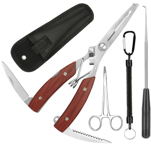 Annyswit 3 Pcs Ensemble de Pince à Pêche Portable avec Lanière & Forceps Courbés & Outil de Désinsertion & Étui Outils Multi Fonction Pince de Pêche Retire-Hameçons Coupe-Ligne pour Retirer Hameçons