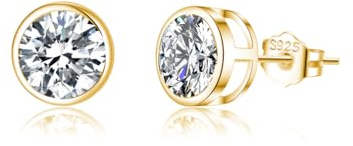 SLUYNZ Sterling Silver Bezel CZ Earrings Stud for Women Teen Girls Round Simulated Diamond Stud Earrings Round CZ Stud Earrings 5MM/6MM/7MM (B-18K GOLD, 5MM CZ)