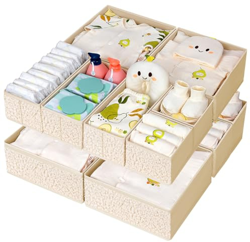 DIMJ 12 Pack Teddy Dream Drawer Organiser Set, Wardrobe Storage Organiser, Foldable Drawer Dividers for Clothes,Underwear,Socks, Bra,Jeans, Beige