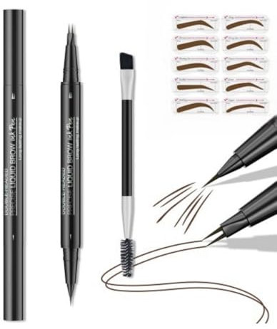 Dual-Spitzen Augenbrauenstift Wasserfest mit Kammspitze & Nadelspitze - Ultrafeine Spitze für Natürliche Haarbügel-Striche, Schweißresisten& Verwischfest - Inkl. Schablone für Anfänger (Dunkelbraun)