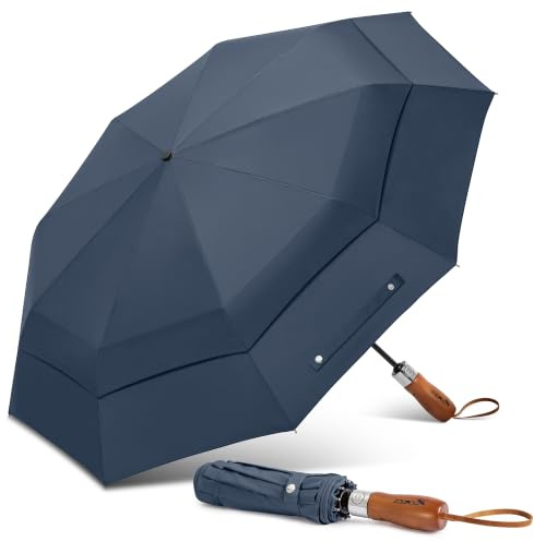 ZOMAKE Parapluie Pliant 54 Inch avec Double Canopée,Golf Parapluie Solide Umbrella Au Vent,Parapluies Resistant Au Tempete Compact avec Poignée en Bois pour les Homme Femme(Bleu Saphir)