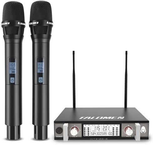 talomen Micrófono Inalámbrico UHF, Set de 2 Micrófonos Dinámicos de Mano de Metal, Auto Scan, Alcance 120 m, Receptor de Doble Canal, Ideal para Canto, Karaoke, Fiestas, DJ, Iglesia – K120 Negro
