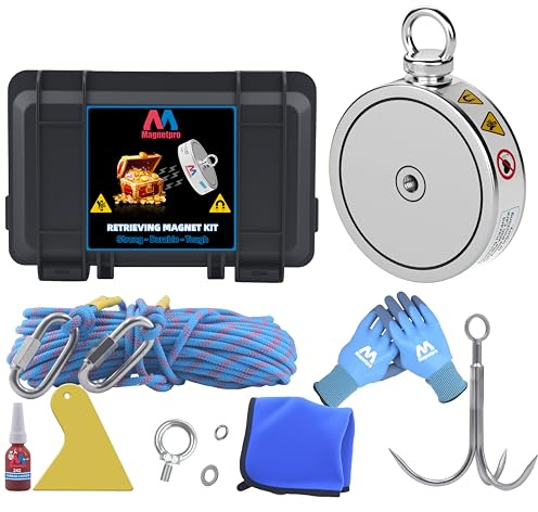 Magnetpro 900 kg komplett uppsamlingsmagnetset, dubbelsidig fiskmagnet innehåller en stark neodymmagnet, hållbart 20 meter rep, karbinhake, handskar, gripkrok och en bärväska