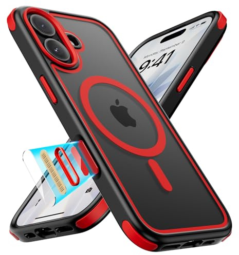 MobNano Magnetiskt fodral för iPhone 17, kompatibelt med MagSafe, färgglatt magnetiskt fodral för iPhone 17 fodral, militärklassat stötskydd, repbeständig baksida - svart/röd