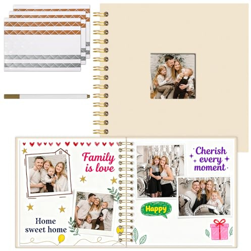 Vienrose Scrapbook Photo Album 20.5x20.5 cm, Silk Fabric Cover with 20 Sheets 40 White Pages, DIY Memory Book Corner Stickers and Pen for Wedding, Baby Shower, Travel, Valentine's Day (Beige)