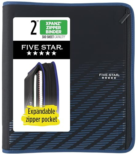 Five Star Zipper Binder, 2 Inch 3-Ring Xpanz Case Binder with Expansion Panel, Removable Pencil Pouch, 380 Sheet Capacity, Black & Blue (280109A)