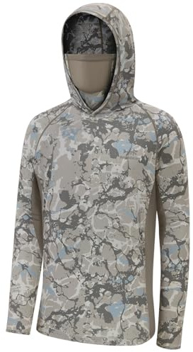 BASSDASH UPF 50+ Men’s Fishing Hoodie Shirts with Mask Camo UV Long Sleeve Moisture Wicking FS53M, Ash Grey Ripple Camo, L