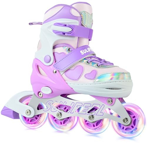 SULIFEEL Love Hearts 4 Size Adjustable Kids Inline Skates for Girls with Fluffy Pom Light Up Wheels Ages 3-12 Girls Birthday Gift for Indoor Outdoor Sports