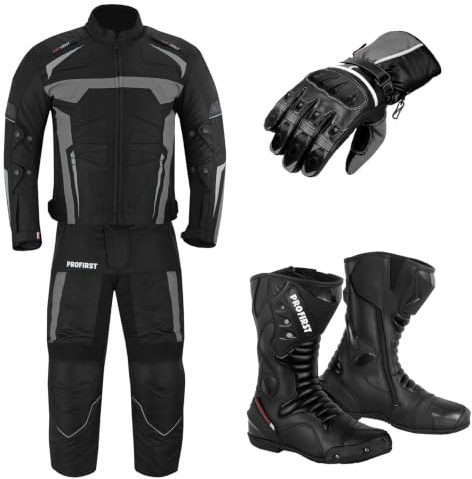 Motorcycle Clothing Suit - Motorbike Suit With Racing Gloves - Motorbike Boots Leather Shoes - 2 Piece Suit Armored Waterproof Suits Jacket Trouser CE Armor For All Weather Mens (Grey, XL)