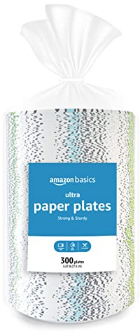 Amazon Basics Ultra Paper Plates, 6.87 Inch, Disposable, 600 Count (2 Pack of 300), Microwave-Safe, Soak Proof, Cut Resistant