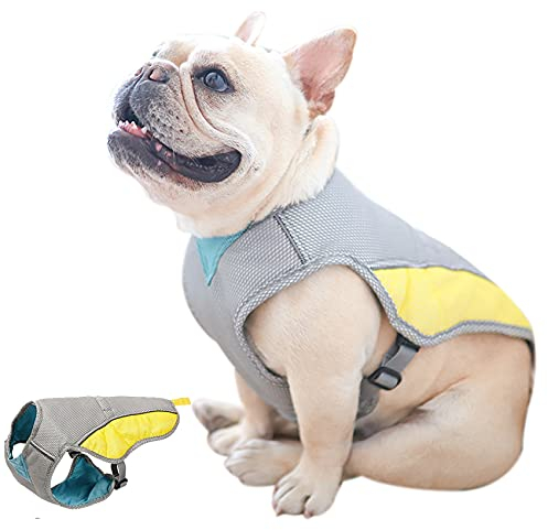 Hifrenchies French Bulldog Summer Cooling Vest, Outdoor Dog Jacket, Grey & Yellow, Size M, Cotton, Reflective, Comfortable, Adjustable, Leash Hole