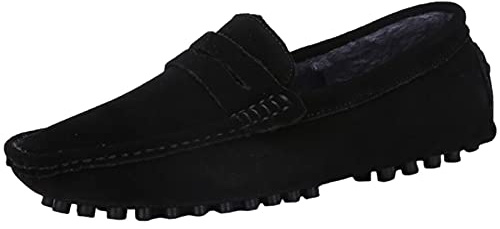 Jamron Män Plyschfodrad Mocka Läder Penny Loafers Svart 2088-2 EU46.5