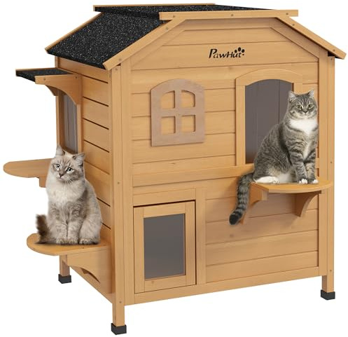 PawHut 2-Story Cat House Outdoor, Weatherproof Wooden Cat Enclosure for Feral Cats with Escape Door, Openable Roof, Jumping Platforms, Natural