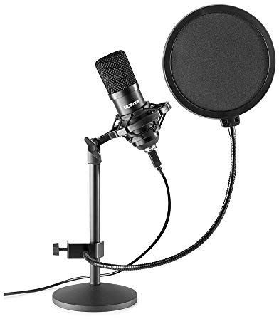 Vonyx CMTS300 - Micrófono de Condensador con Soporte de Mesa, Filtro Anti-Pop, Ideal para grabación de Voz, gamming, Podcast, locución, etc. conexión USB, Compatible con PC y Mac Color Negro