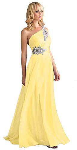 WTWVIAN Abito da sera da donna monospalla in chiffon, lunghezza fino al pavimento, con paillettes e perline, abito da damigella d'onore, Giallo, 54