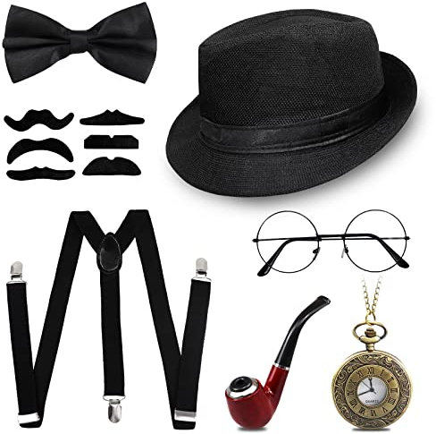 1920s Jahre Herren Accessoires, 20er Gangster Kostüm, Herren Accessoires Mafia Gatsby Kostüm Set, Panama Hut Elastisch Hosenträger Schnurrbart und Taschenuhr Zigarre…