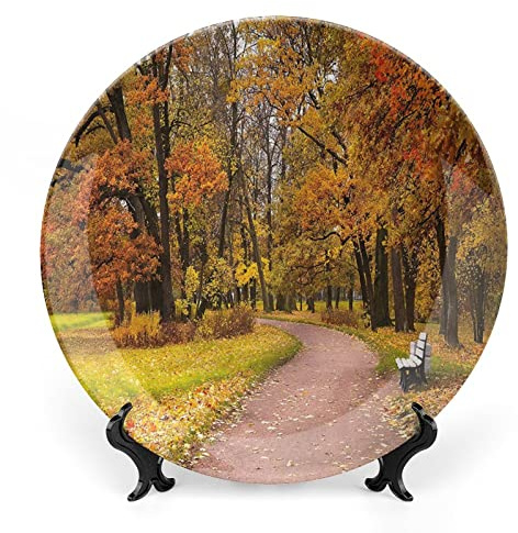 XISUNYA 7 Inch Decorative Plate, Fall Tableware Plate, Idyllic Rural Park Woods Print Ceramic Wall Hanging Decor Accessory for Dining Table Tabletop Home Decor