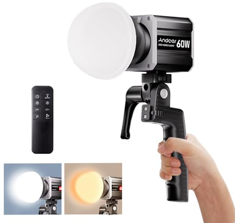 Andoer COB Luz de Video de 60W Portátil LED Tricolor Fotografía 2800K-6800K Pantalla LCD Regulable 9 EPfectos Especiales Control de Ventilador con Reflector Asa y Control Remoto