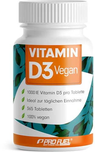 Vitamin D3 VEGAN 1000 IE - 365 Tabletten - Jahresvorrat Vitamin D3 - optimal hochdosiert mit Premium-Rohstoff RAWD3® - für Immunsystem und Knochen - laborgeprüft mit Zertifikat - 100% vegan