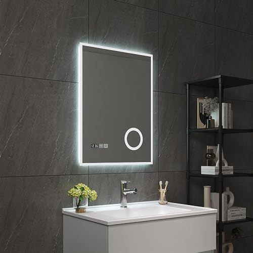 pro.tec LED Badspiegel Lizzano Wandspiegel mit Beleuchtung 3 Lichtfarben vertikal Schminkspiegel rechteckig 60 x 80 cm Weiß beschlagfrei Lichtspiegel