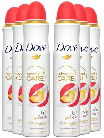 Dove Deodorante Spray Advanced Care Go Fresh Pesca, con Formula Idratante e Delicata sulla Pelle, Senza Alcol, Pelle Asciutta Fino a 72 Ore, Deodorante Uomo e Donna, 6 Pezzi da 200ml