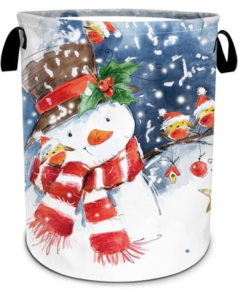 Christmas Laundry Basket, Winter Snowman Laundry Hamper Foldable Waterproof Oxford Cloth Funny Tote Bag Dirty Clothes Storage Bucket Toy Organizer for Bathroom/Laundry/Bedroom 15.7x19.6